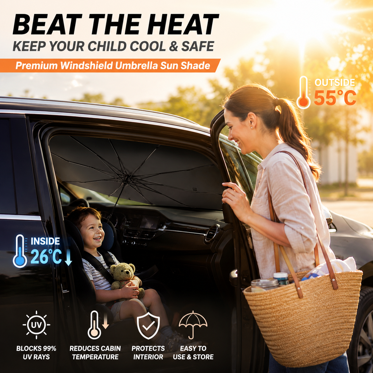 ☀️Car Sunshade – Effective Heat Insulation, UV Block & Easy Foldable Auto Windshield Protector